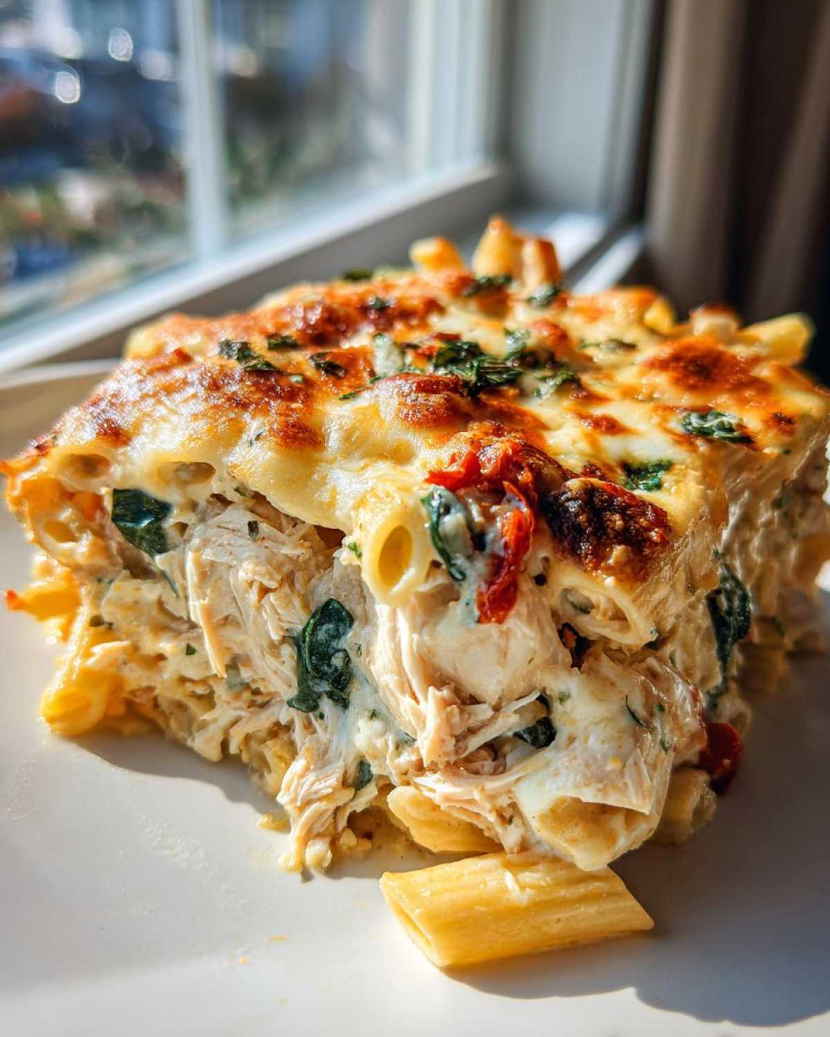 A close-up serving of creamy chicken pasta bake, topped with melted, browned cheese and herbs.