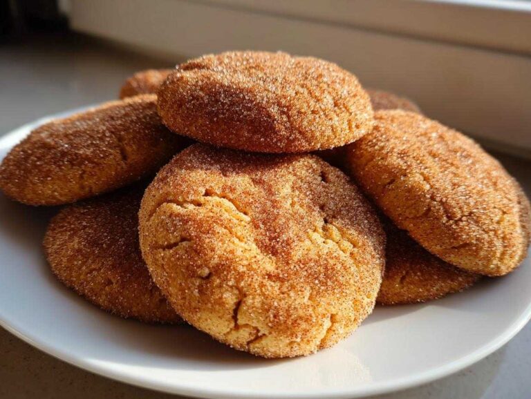 A close-up stack of freshly baked churro cookies coated generously in cinnamon sugar, resting on a white plate.