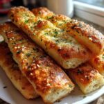 A stack of freshly baked, soft garlic butter breadsticks topped with melted butter, Parmesan, and parsley.