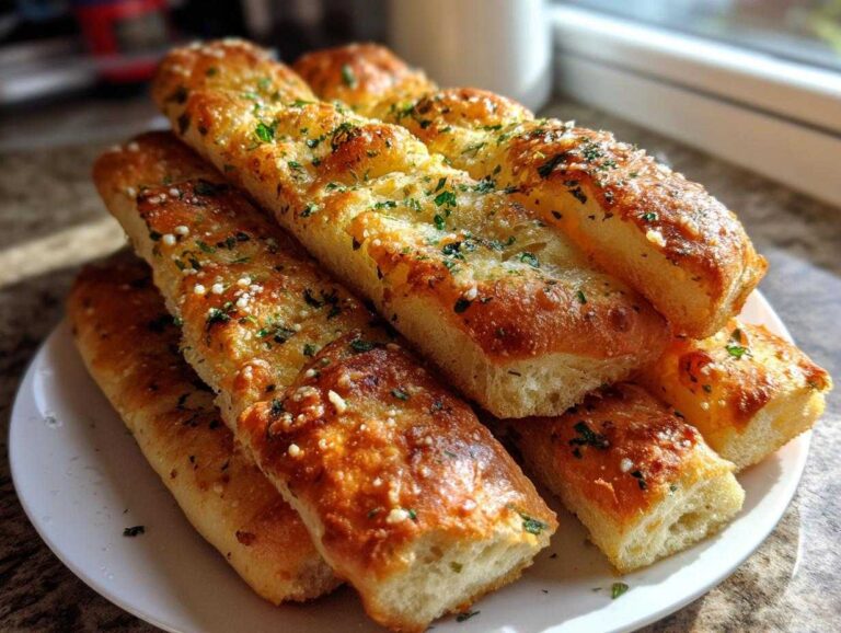 A stack of freshly baked, soft garlic butter breadsticks topped with melted butter, Parmesan, and parsley.