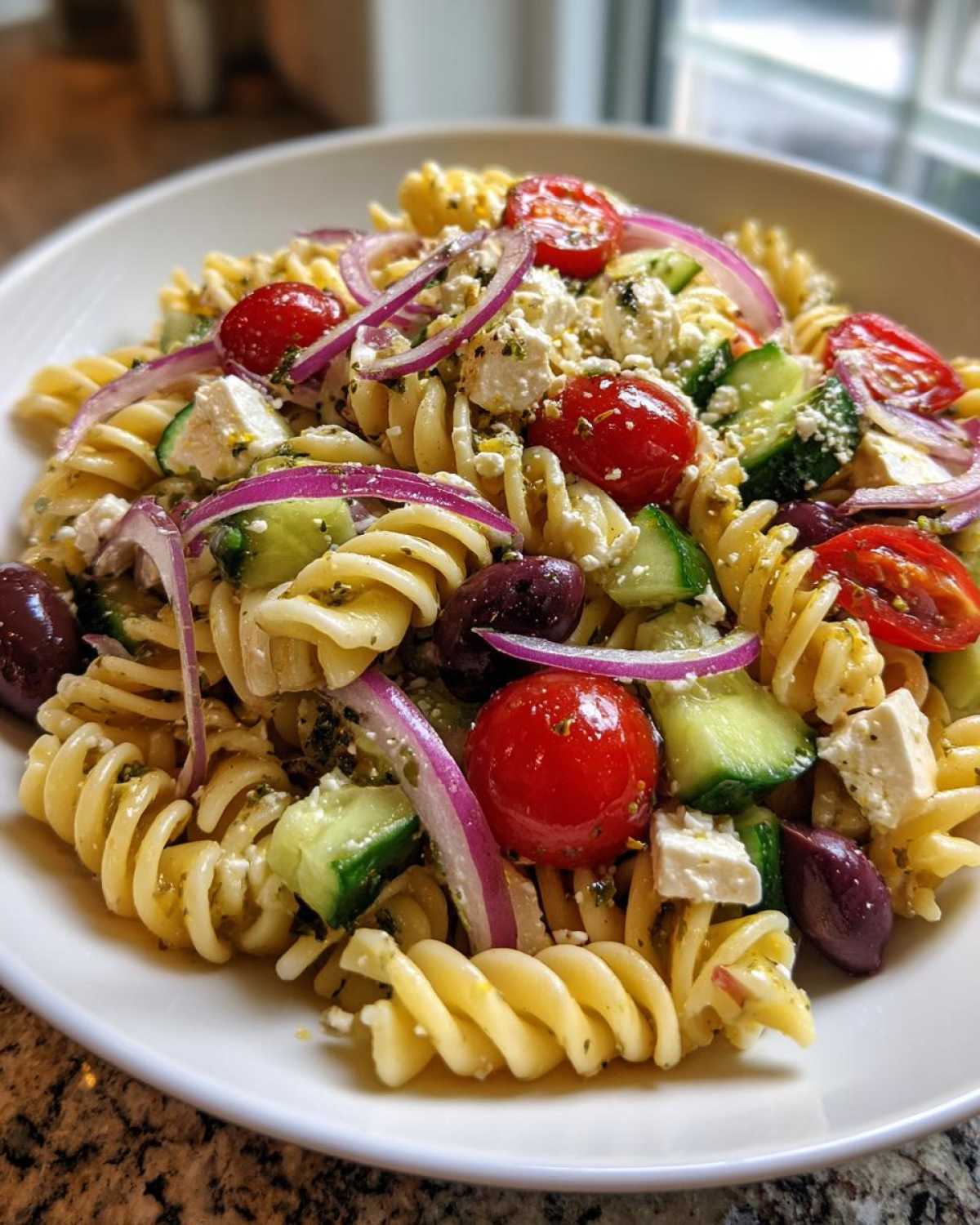 A close-up of a vibrant Greek Pasta Salad featuring rotini pasta, cherry tomatoes, cucumbers, feta, olives, and red onion slices.