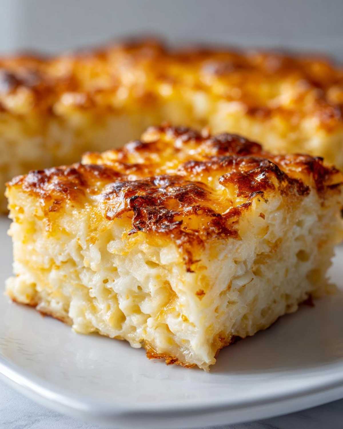 Close-up of a creamy slice of hashbrown casserole with a golden-brown, cheesy, baked crust.
