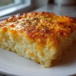 A square slice of creamy hashbrown casserole topped with melted, golden-brown cheddar cheese and herbs.