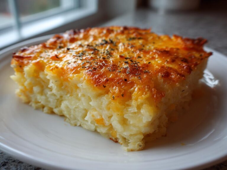 A square slice of creamy hashbrown casserole topped with melted, golden-brown cheddar cheese and herbs.