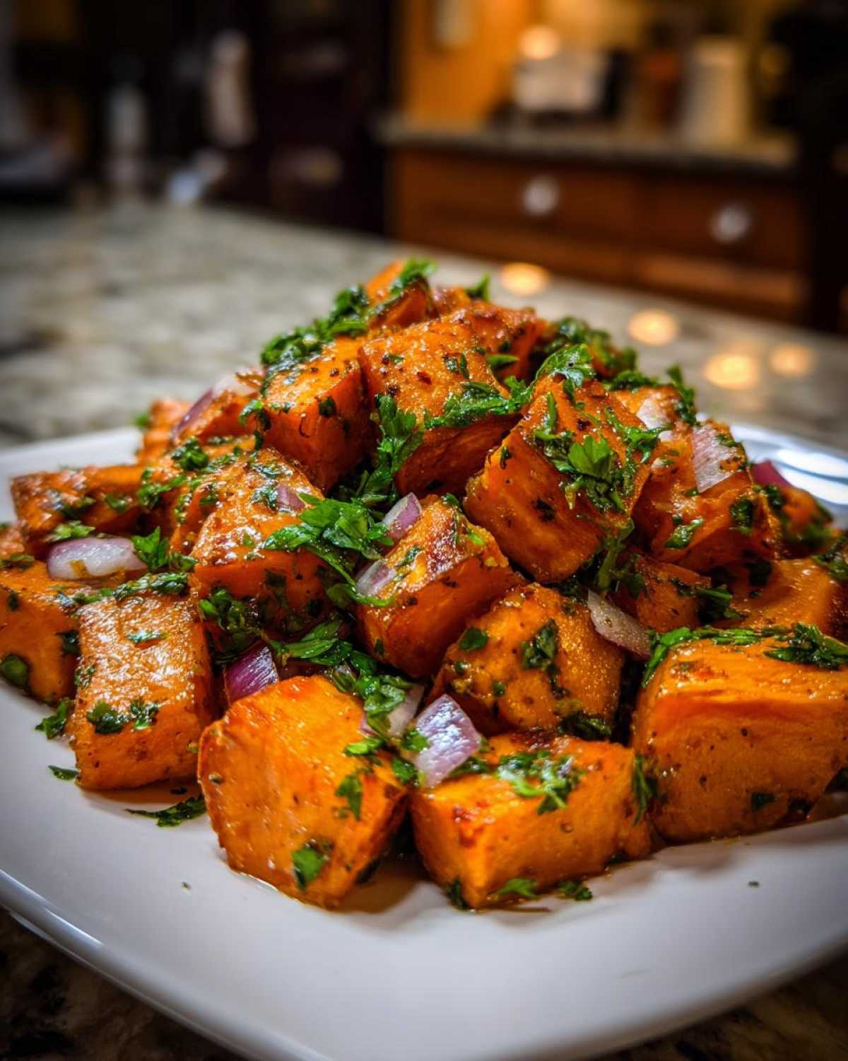 Close-up of vibrant orange cubes in a sweet potato salad, tossed with chopped green herbs and pieces of red onion.