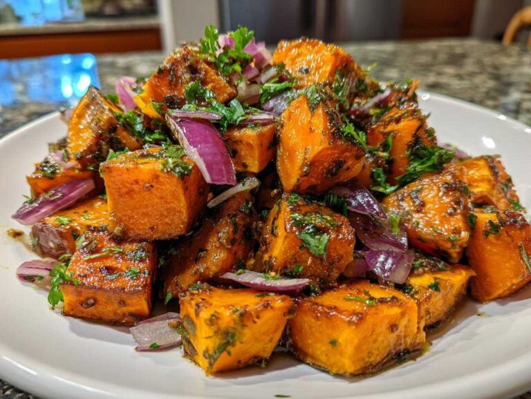 Amazing 1 Sweet Potato Salad Flavor Burst Close-up of roasted sweet potato chunks mixed with red onion and herbs in a vibrant sweet potato salad.