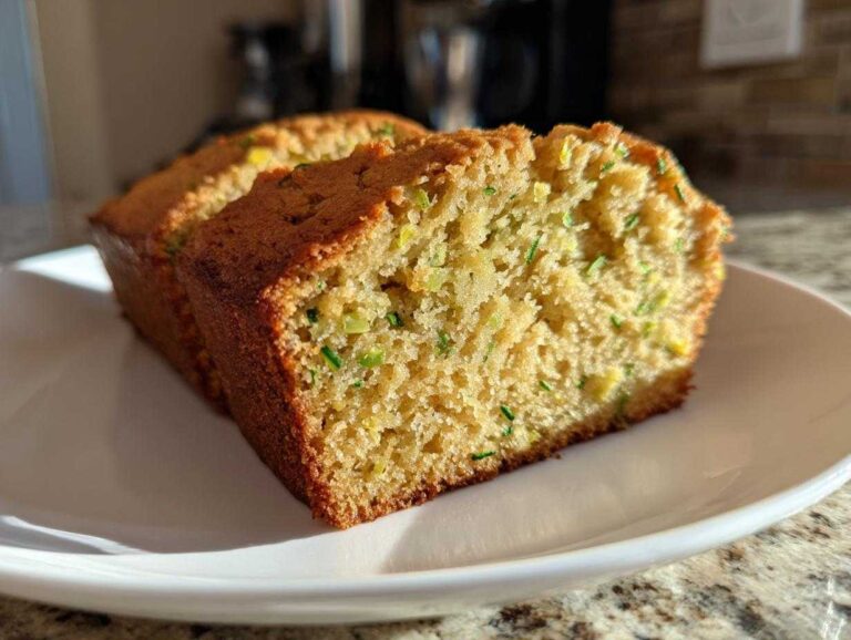 Two slices of moist, golden brown zucchini bread recipe showing flecks of green shredded zucchini inside.