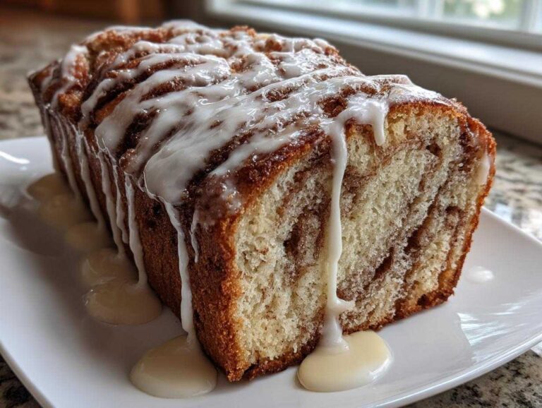 A loaf of freshly baked Amish Cinnamon Bread with a thick, white vanilla glaze dripping down the sides.