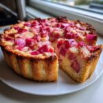 A baked Amish Rhubarb Sour Cream Pie with a slice cut out, showing the creamy filling and bright pink rhubarb chunks.