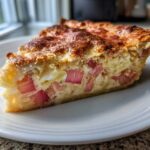 A close-up of a thick slice of Amish Rhubarb Sour Cream Pie showing pink rhubarb chunks in a creamy filling.
