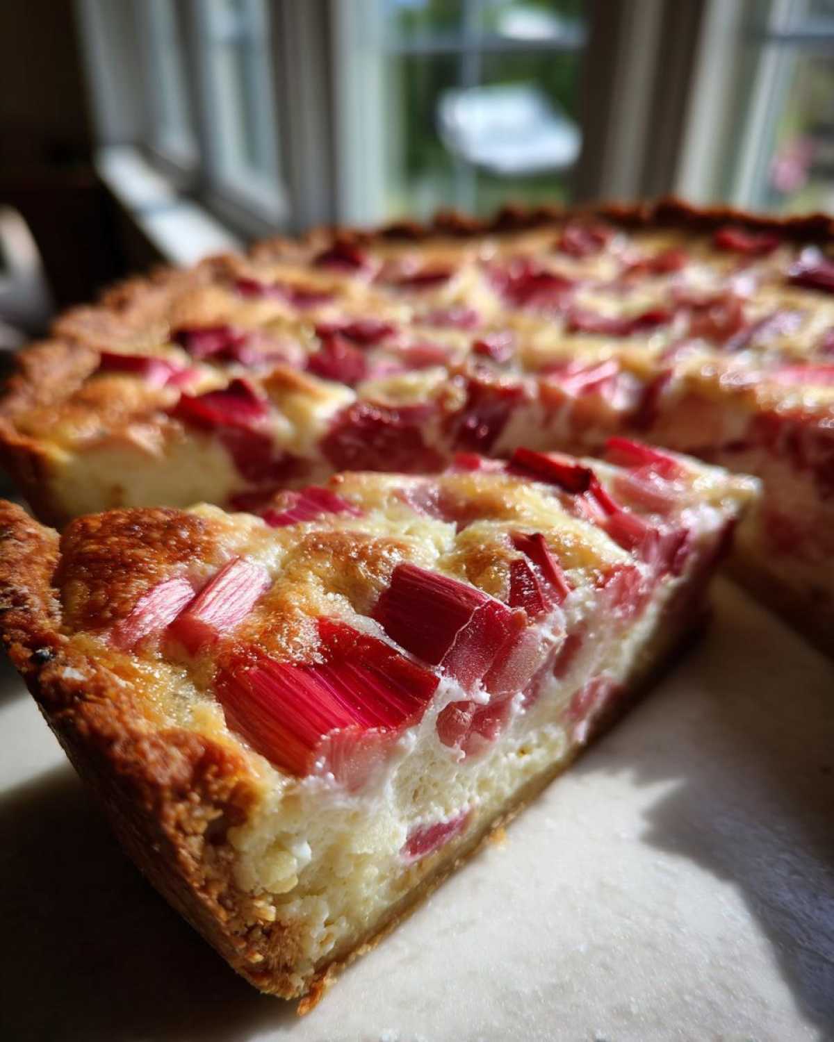 A close-up slice of Amish Rhubarb Sour Cream Pie showing a creamy filling and bright red rhubarb pieces baked into a golden crust.