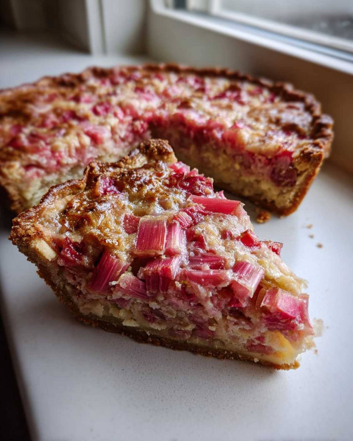 A close-up of a slice of Amish Rhubarb Sour Cream Pie showing chunky rhubarb pieces next to the rest of the baked pie.