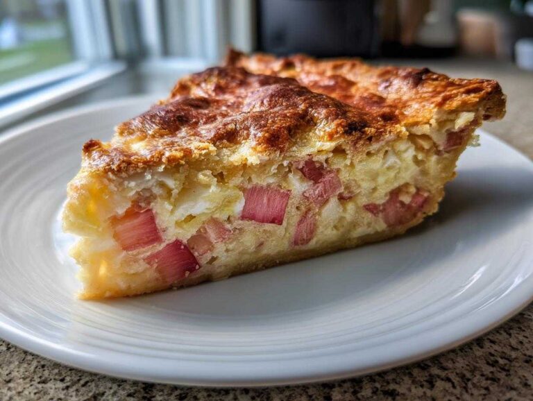 A close-up of a thick slice of Amish Rhubarb Sour Cream Pie showing pink rhubarb chunks in a creamy filling.