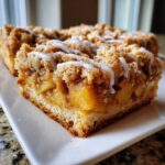 A close-up of a thick slice of apple pie bars featuring a crumb topping, spiced apple filling, and a white vanilla glaze drizzle.