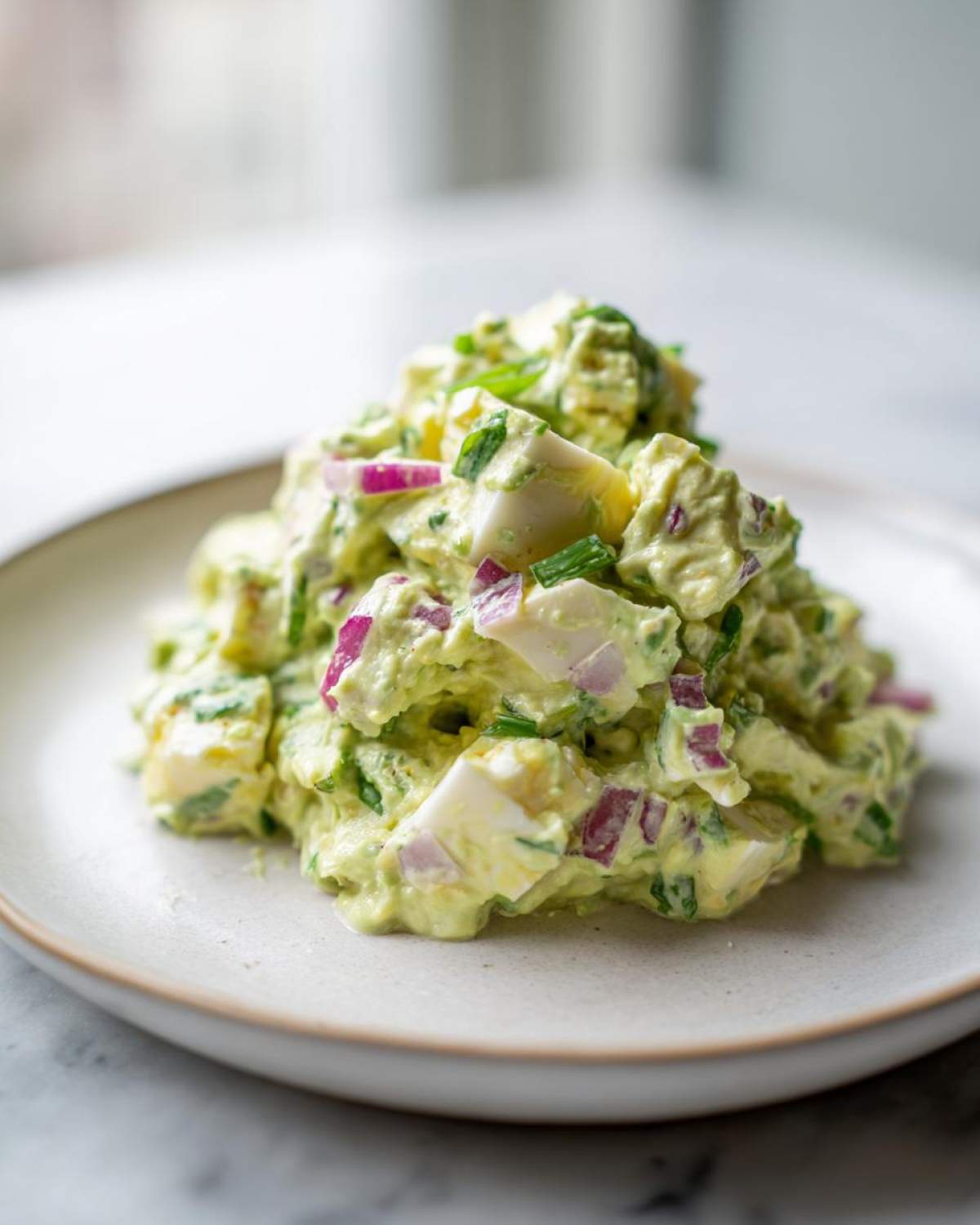 A mound of creamy Avocado Egg Salad mixed with chopped red onion and chives served on a light beige plate.