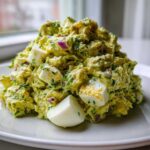 A mound of bright green Avocado Egg Salad mixed with red onion and chunks of hard-boiled egg, served on a white plate.