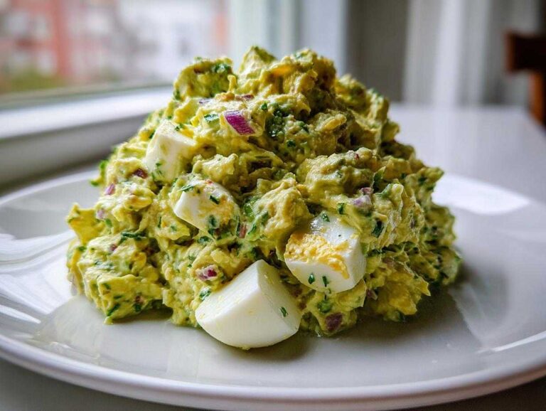 A mound of bright green Avocado Egg Salad mixed with red onion and chunks of hard-boiled egg, served on a white plate.