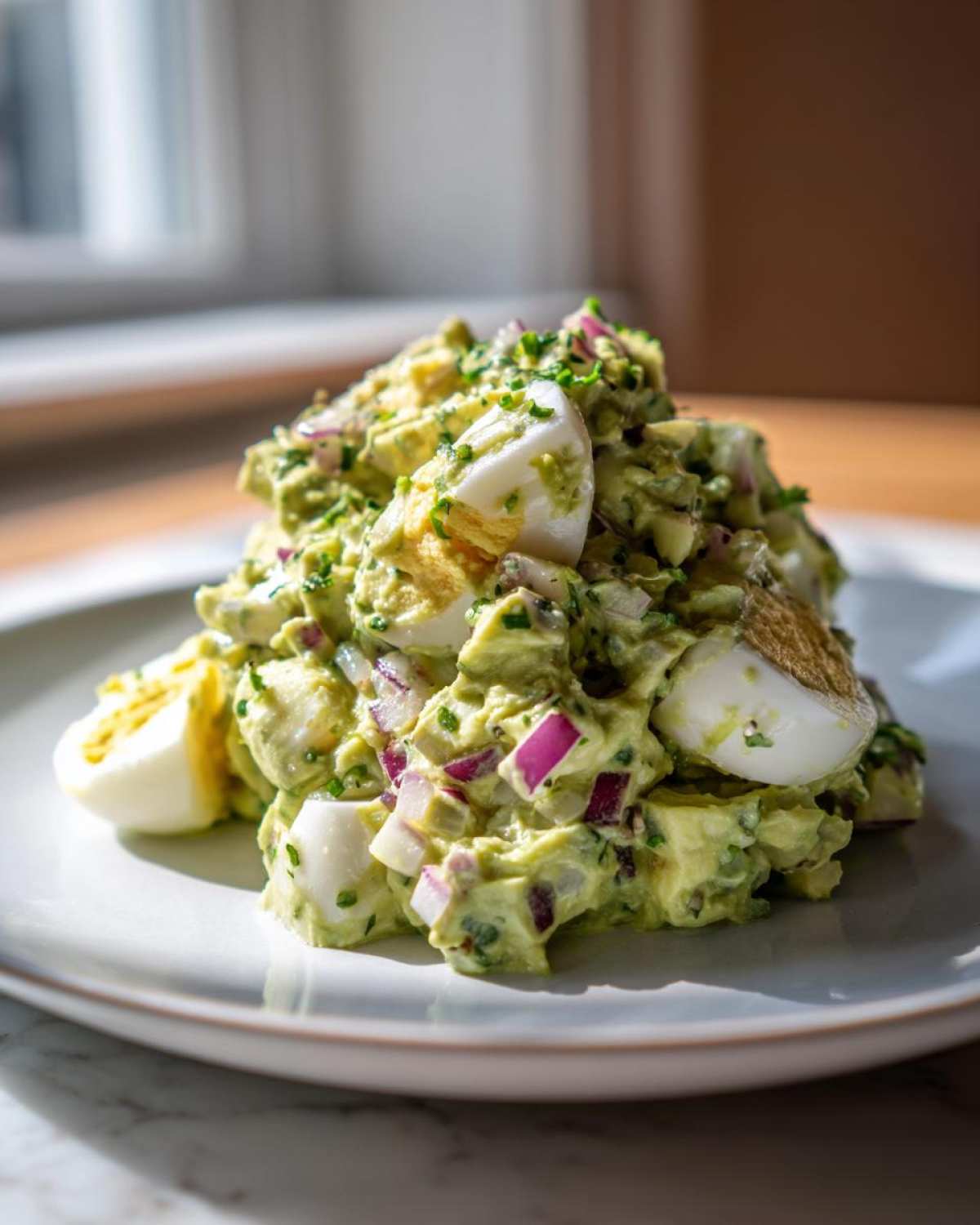 A mound of creamy Avocado Egg Salad mixed with diced red onion and topped with visible chunks of hard-boiled egg.