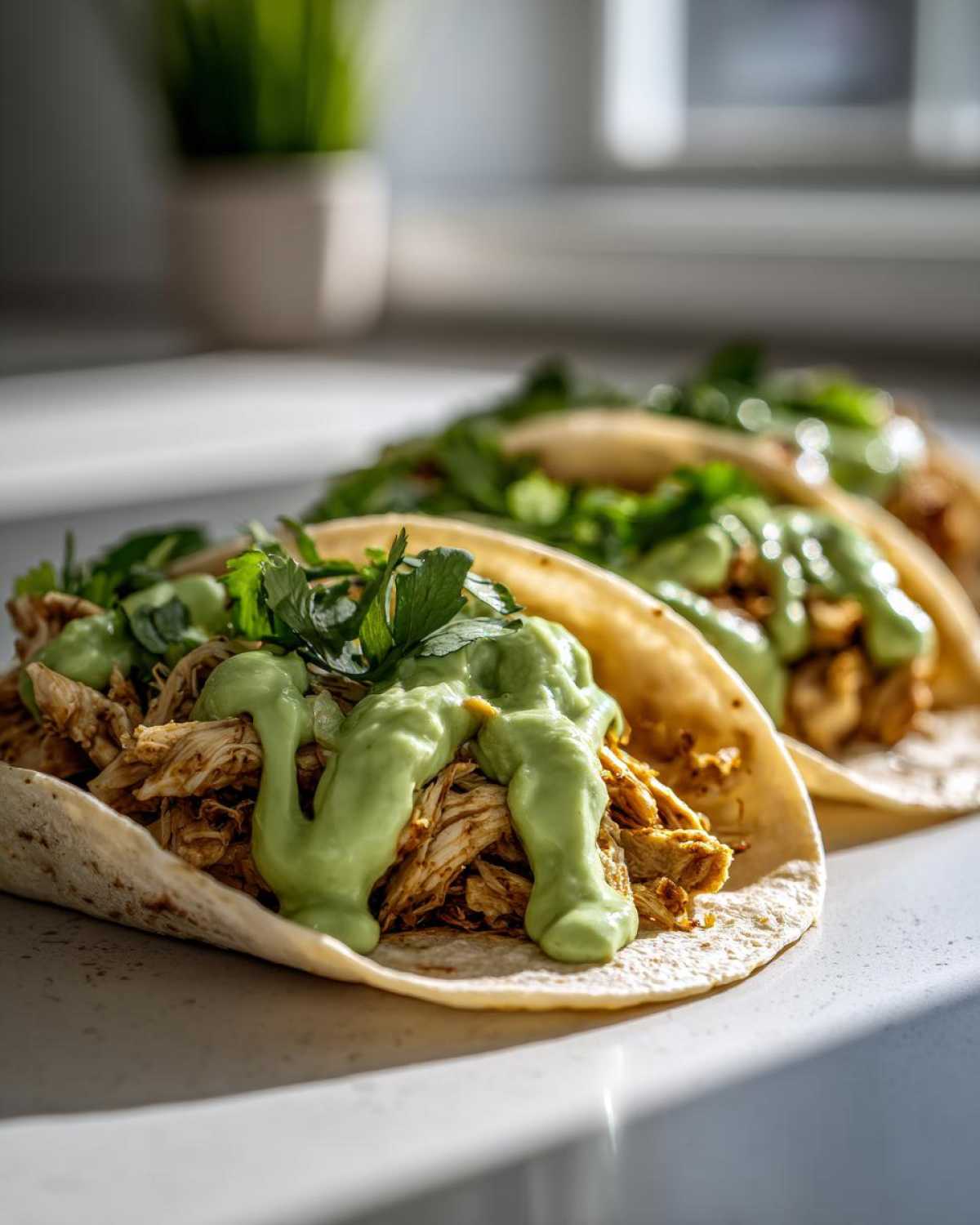 Close-up of delicious Avocado Lime Crema Chicken Tacos topped with bright green sauce and cilantro.