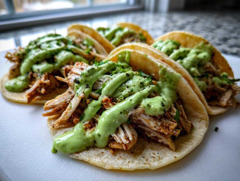 Four soft tacos filled with shredded chicken and generously drizzled with bright green Avocado Lime Crema.