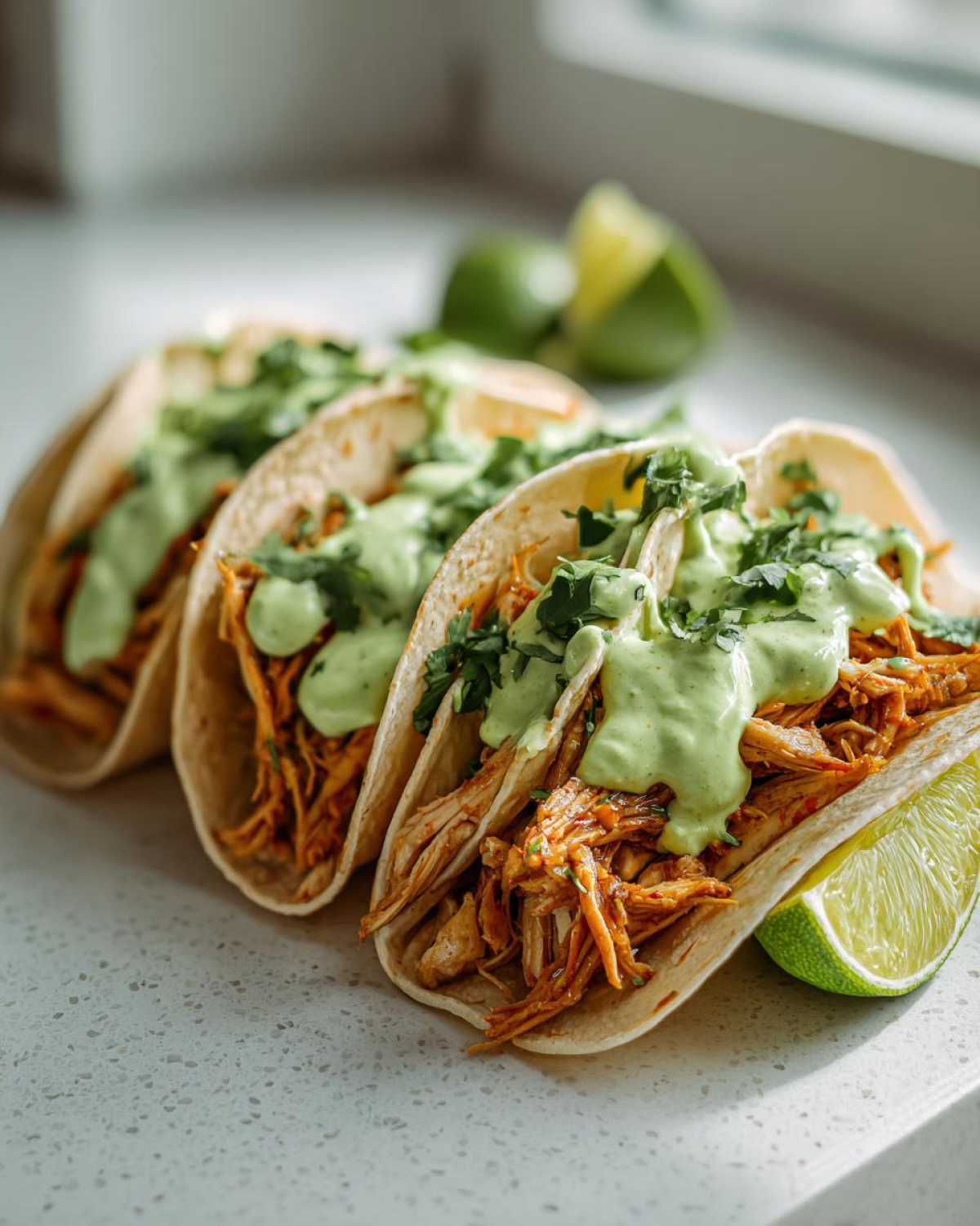 Three soft shell tacos filled with shredded chicken and topped generously with Avocado Lime Crema and cilantro for Avocado Lime Crema Chicken Tacos.
