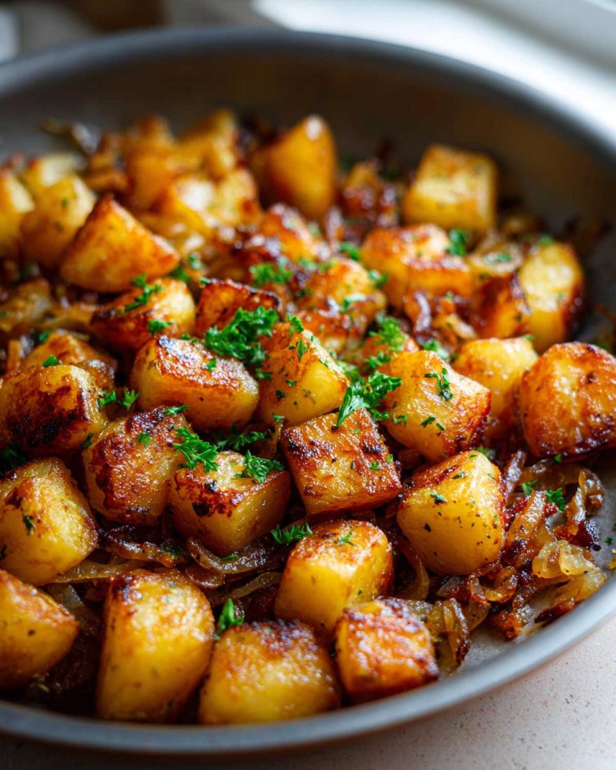 Close-up of perfectly browned Bacon and Onion Skillet Potatoes garnished with fresh parsley in a skillet.