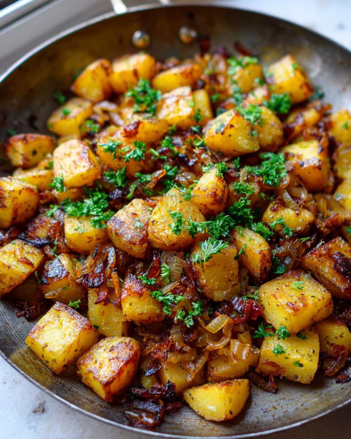 Close-up of golden, crispy Bacon and Onion Skillet Potatoes garnished with fresh parsley in a metal skillet.