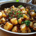 Close-up of golden, pan-fried Bacon and Onion Skillet Potatoes garnished with fresh parsley in a skillet.