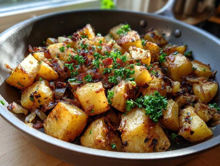 Close-up of golden, pan-fried Bacon and Onion Skillet Potatoes garnished with fresh parsley in a skillet.