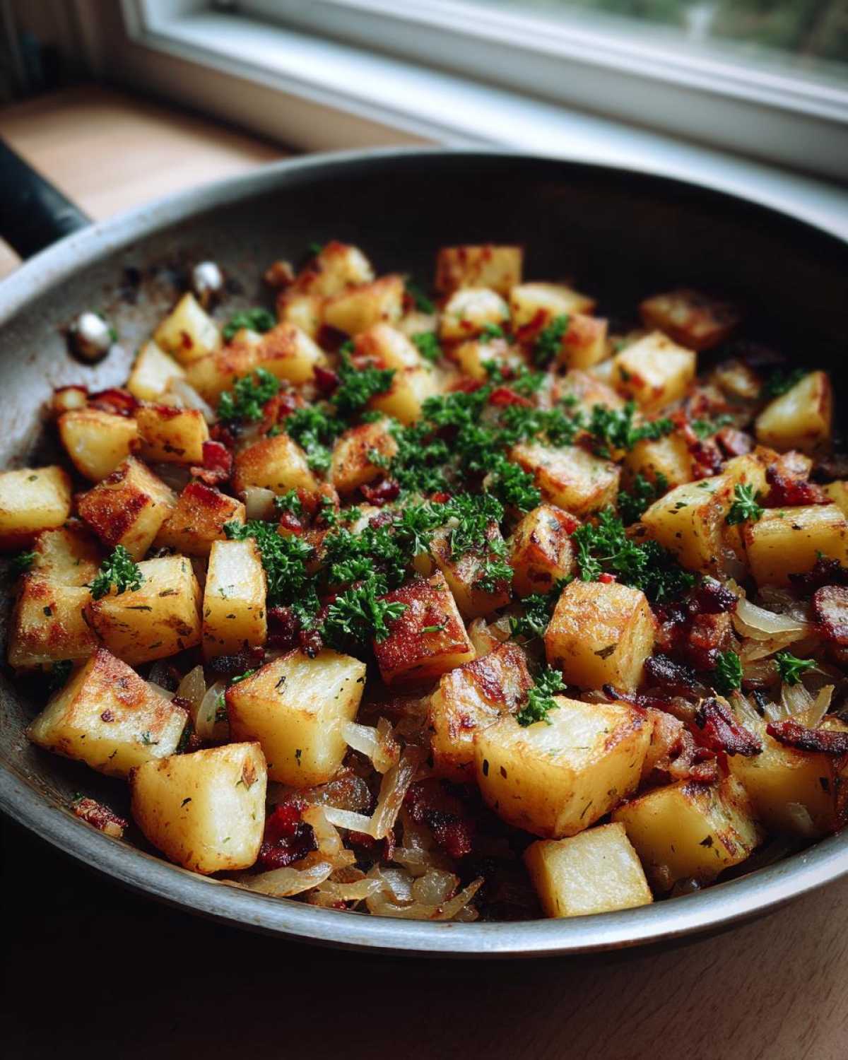 Close-up of golden, crispy Bacon and Onion Skillet Potatoes garnished with fresh parsley in a metal skillet.