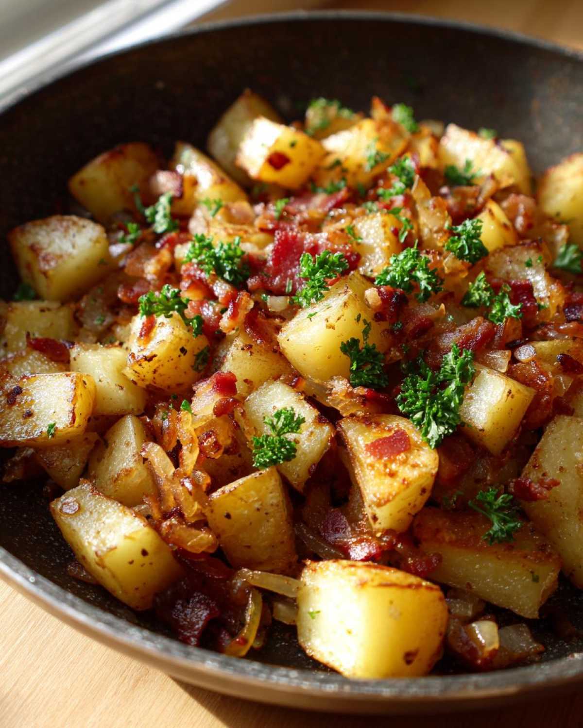 Close-up of golden-brown Bacon and Onion Skillet Potatoes garnished with fresh parsley in a dark skillet.