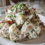 A generous serving of creamy Bacon & Blue Cheese Potato Salad topped with crispy bacon bits and fresh chives.