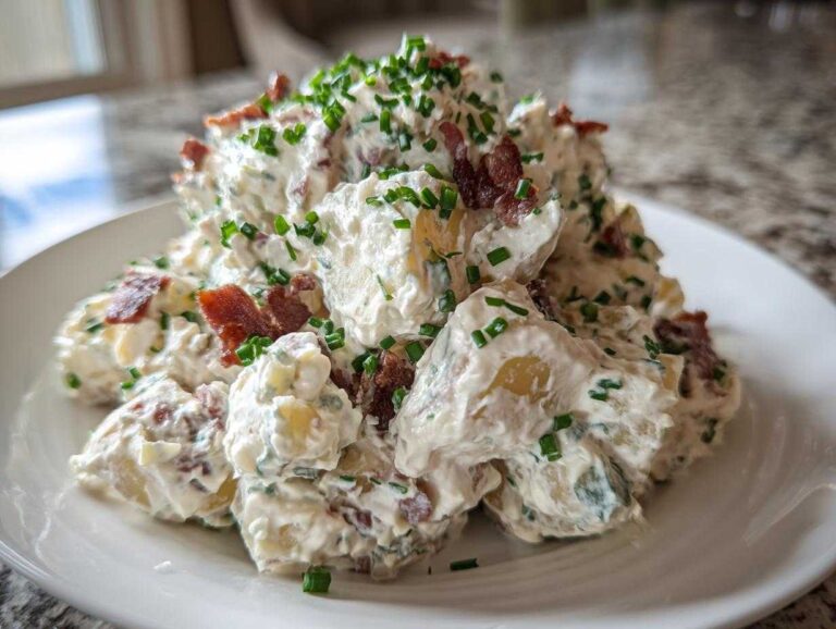 A generous serving of creamy Bacon & Blue Cheese Potato Salad topped with crispy bacon bits and fresh chives.