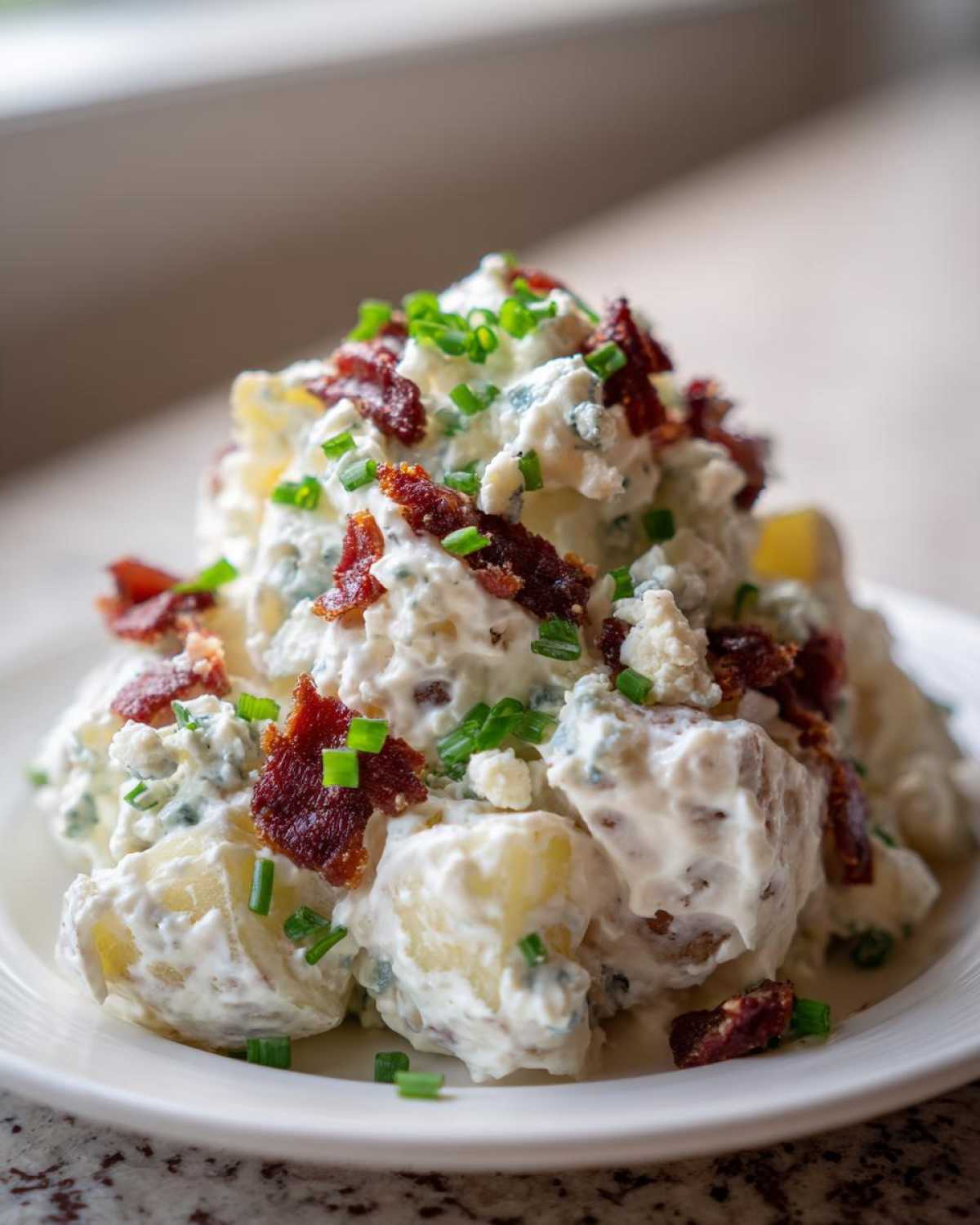 A close-up of a creamy mound of Bacon & Blue Cheese Potato Salad topped with crumbled bacon and fresh chives.