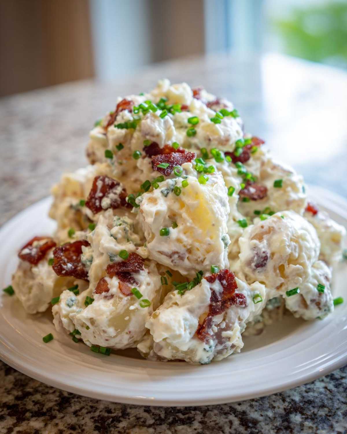 A generous mound of creamy Bacon & Blue Cheese Potato Salad topped with crispy bacon bits and fresh chives.