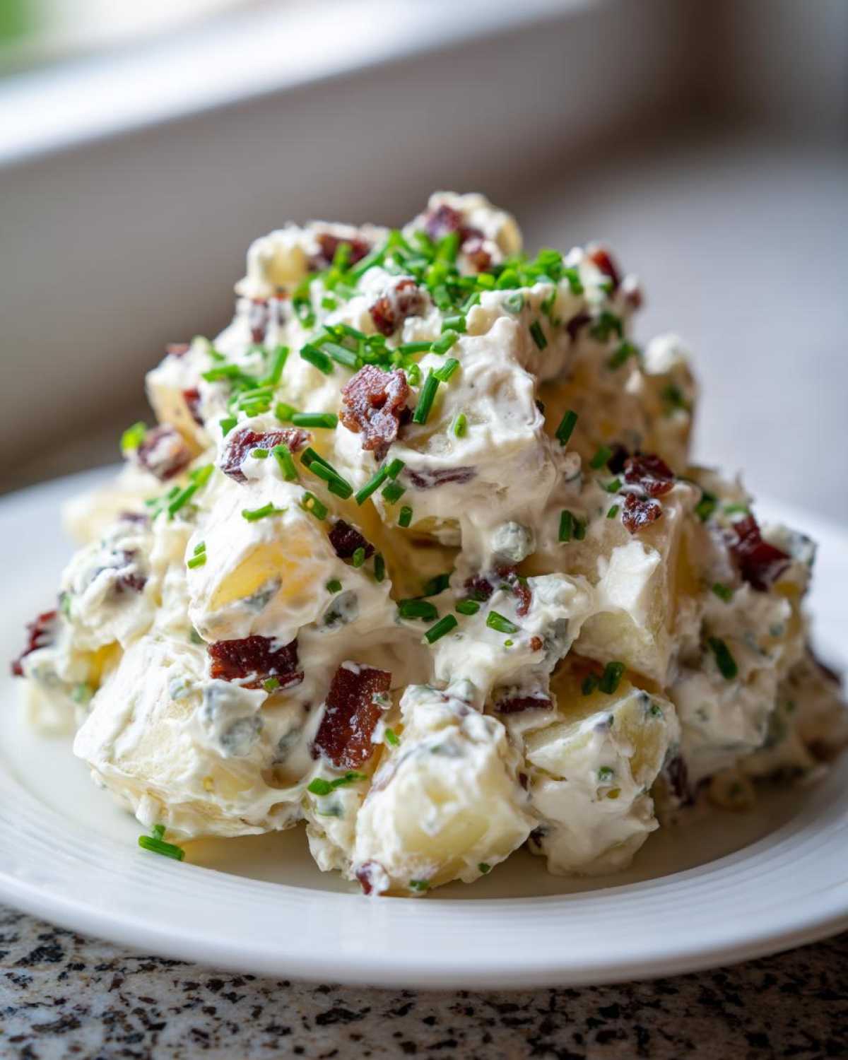 A generous serving of Bacon & Blue Cheese Potato Salad piled high on a white plate, topped with chives.