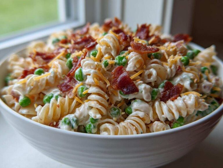 A close-up of creamy Bacon Ranch Pasta Memorial Day Salad featuring rotini pasta, green peas, bacon crumbles, and shredded cheese in a white bowl.