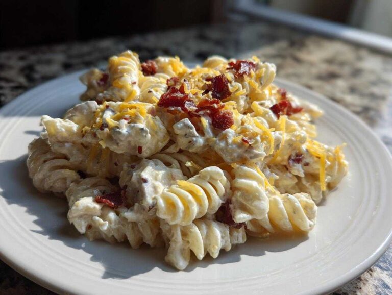Amazing 8-Step Bacon Ranch Pasta Salad A close-up of a serving of Bacon Ranch Pasta Salad featuring rotini pasta coated in creamy dressing, topped with shredded cheese and bacon bits.