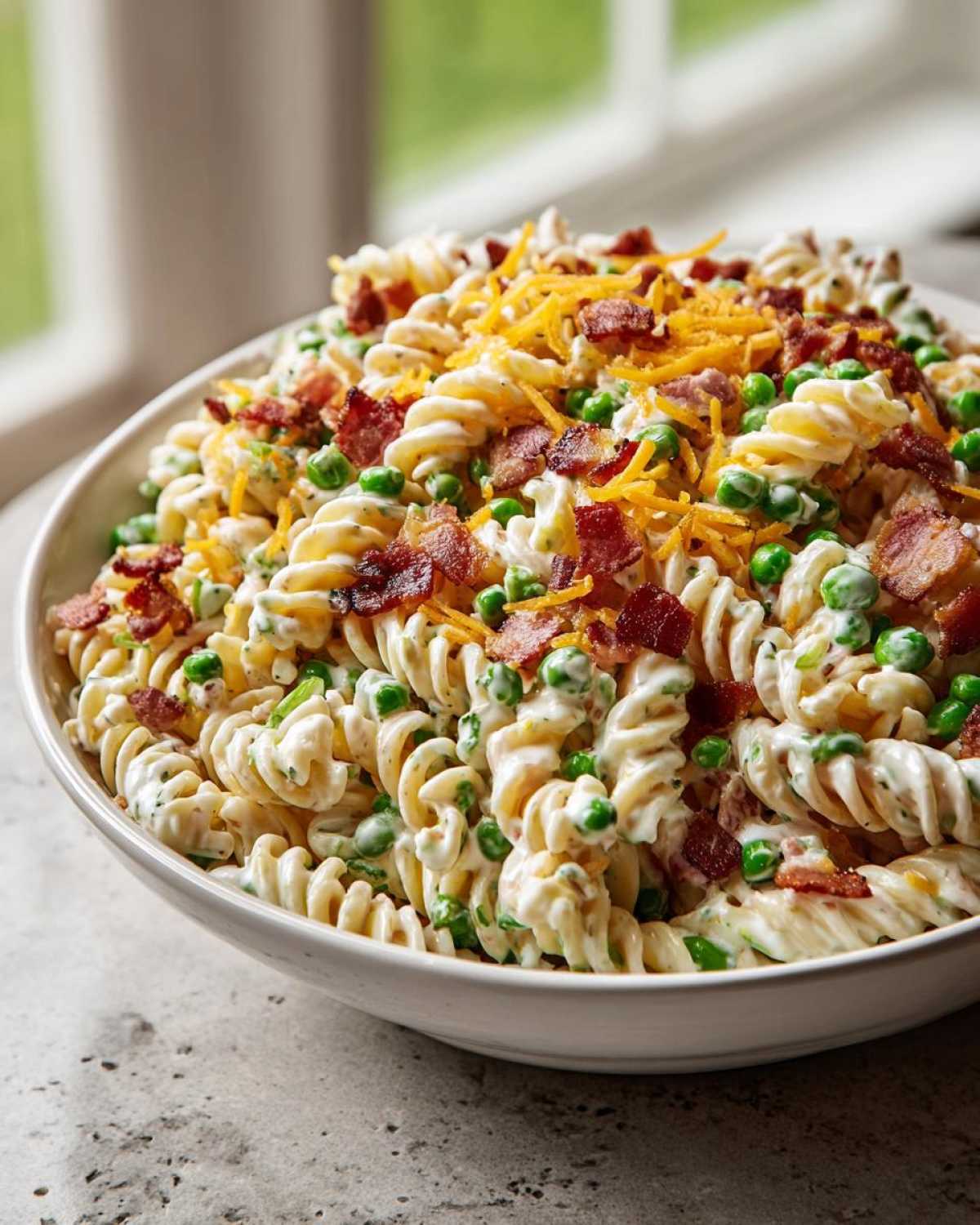 Close-up of a creamy Bacon Ranch Pasta Salad featuring rotini pasta, green peas, crumbled bacon, and shredded cheddar cheese.