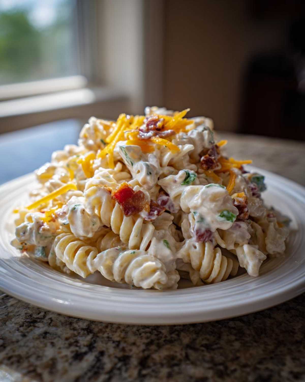 A close-up of a serving of Bacon Ranch Pasta Salad featuring rotini pasta coated in a creamy dressing, topped with bacon bits and shredded cheddar.