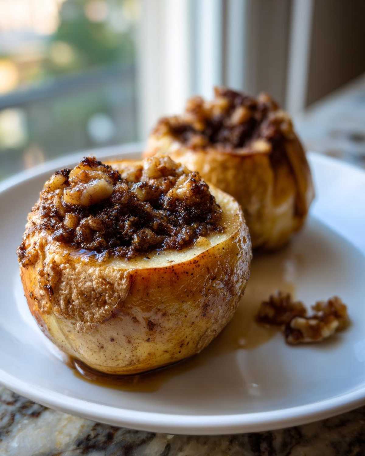 Two delicious Baked Apples with Cinnamon & Walnuts served on a white plate with caramelized syrup.