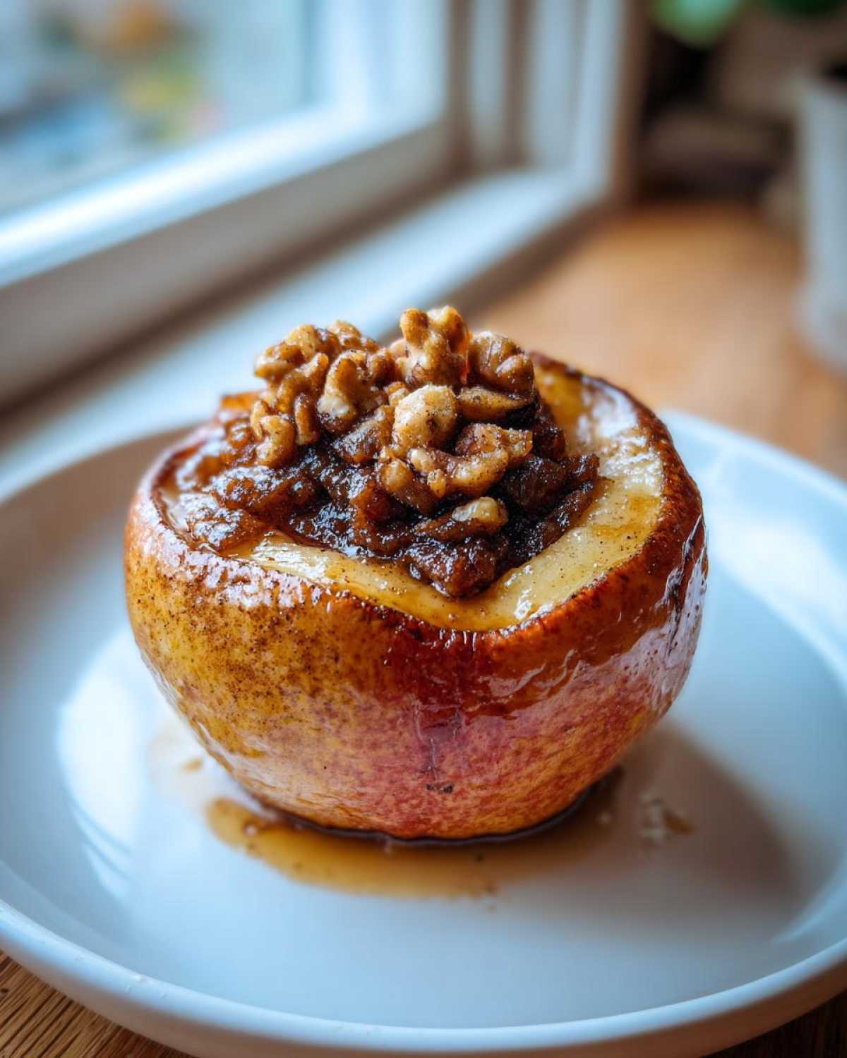 A close-up of a single baked apple with cinnamon filling and walnuts on top, sitting in syrup on a white plate.