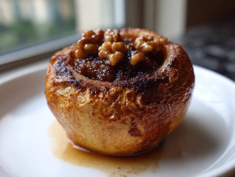 A close-up of a single, glistening Baked Apple with Cinnamon & Walnuts topping resting in syrup on a white plate.