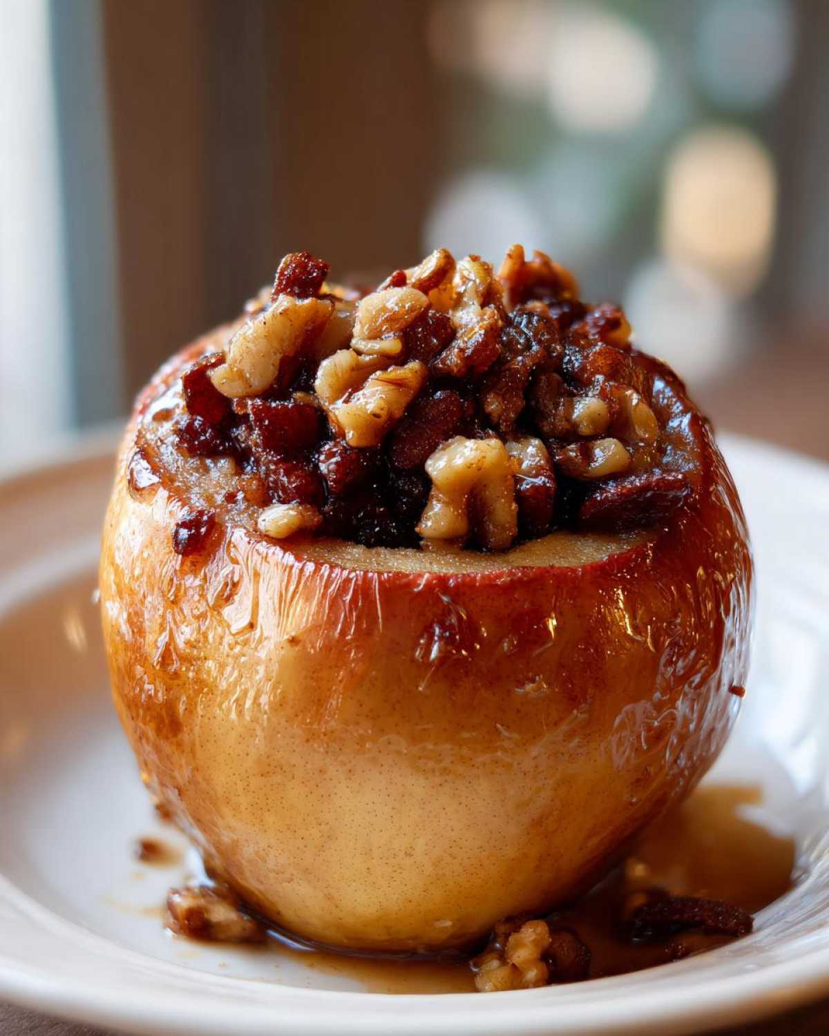 A single, glistening baked apple with cinnamon filling and walnuts served on a white plate.