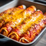 Close-up of baked chicken enchiladas covered in red sauce and melted cheddar cheese in a baking dish.