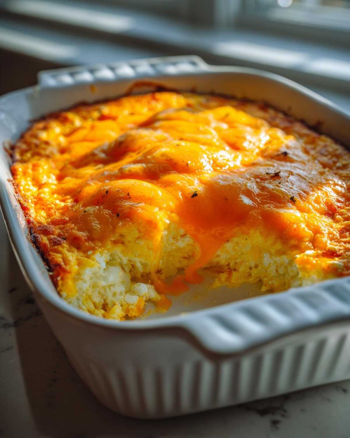 A scoop is taken out of a baked cottage cheese buffalo chicken dip topped with melted cheddar cheese.