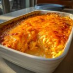 A close-up of hot, baked cottage cheese buffalo chicken dip with a melted, bubbly orange cheese topping in a white rectangular dish.