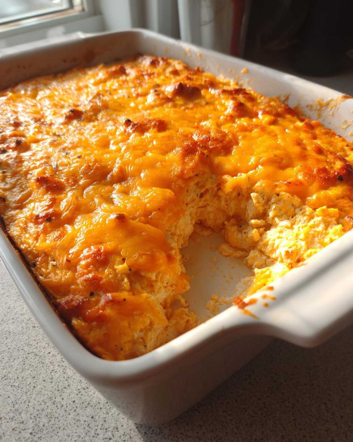 A white baking dish filled with hot cottage cheese buffalo chicken dip, topped with bubbly, melted orange cheddar cheese.