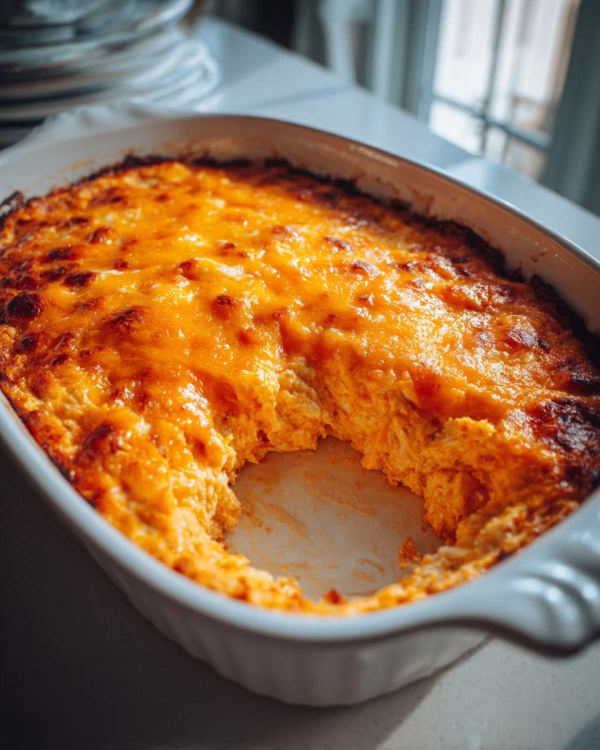 A close-up of baked cottage cheese buffalo chicken dip in a white casserole dish with a scoop already removed.