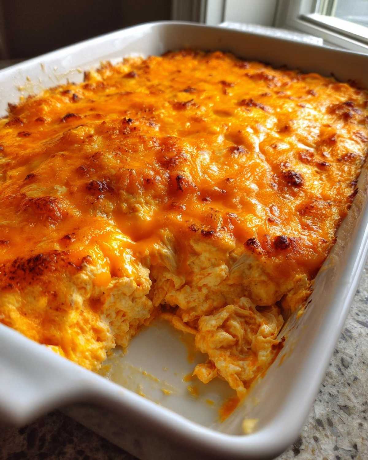 A close-up of baked cottage cheese buffalo chicken dip in a white casserole dish, featuring a bubbly, melted orange cheddar topping.